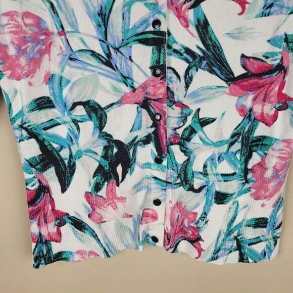 White House Black Market Size XS Floral Snap Button Cardigan White Pink Green - Picture 5 of 9
